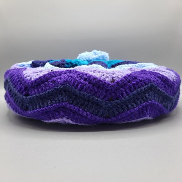 Vtg Crochet Round Granny Throw Pillow Navy Blue Purple Yarn Ruffled Handmade - Picture 9 of 11